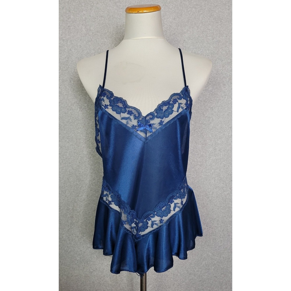 Petra Fashion Royal Blue Satin Lace Teddy Romper Open Back Large Made in USA